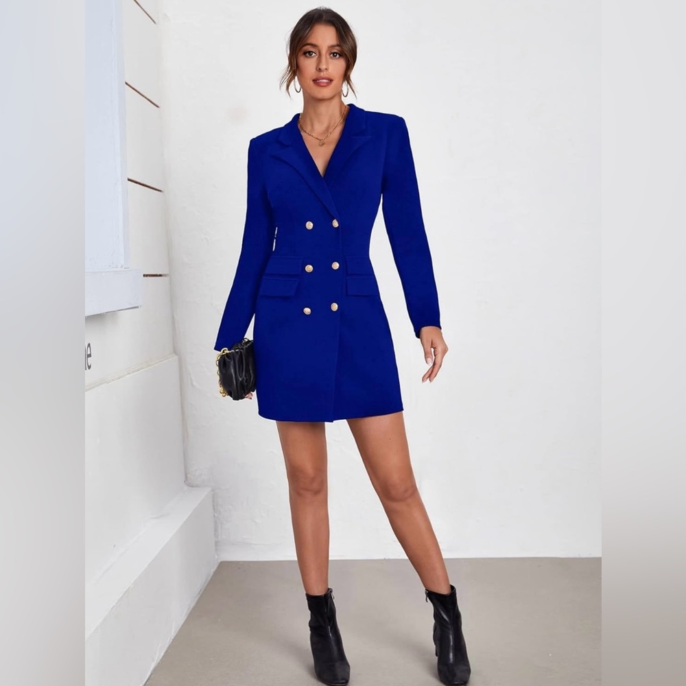 Royal Blue Double-Breasted Blazer Dress